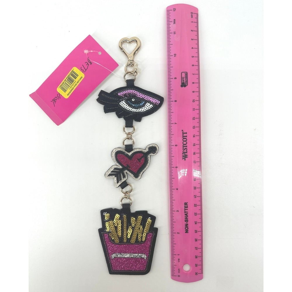 Betsey Johnson Dangles Bag Charm Keychain Fries Heart Evil Eye Multi BJ6230H